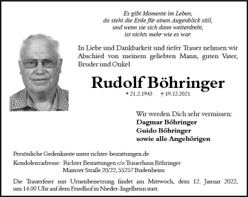 Traueranzeige von Rudolf Böhringer von vrm-trauer Allgemeine  Zeitung Ingelheim-Bingen