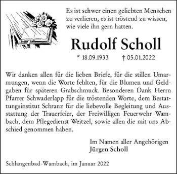 Traueranzeige von Rudolf Scholl von vrm-trauer WK-UTA