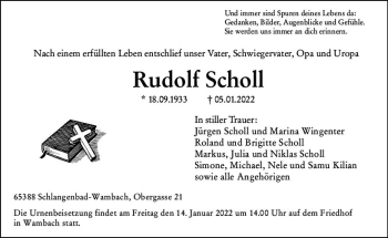 Traueranzeige von Rudolf Scholl von vrm-trauer WK-UTA