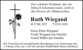 Traueranzeige von Ruth Wiegand von vrm-trauer AZ Mainz