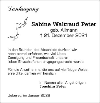 Traueranzeige von Sabine Waltraud Peter von vrm-trauer Darmstädter Echo