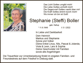 Traueranzeige von Stephanie Boller von vrm-trauer DieburgerAnzeiger/Groß-Zimmerner Lokala