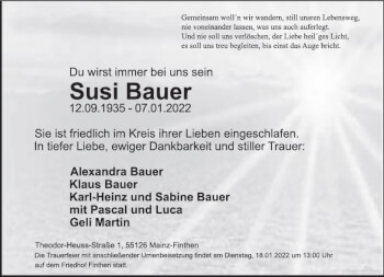 Traueranzeige von Susi Bauer von vrm-trauer AZ Mainz