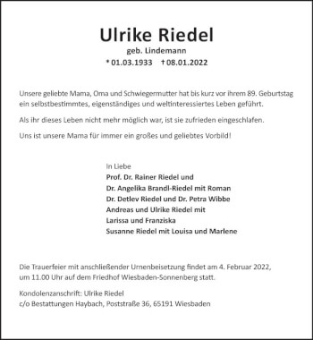 Traueranzeige von Ulrike Riedel von vrm-trauer Wiesbadener Kurier