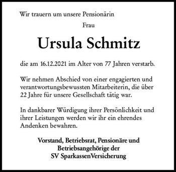 Traueranzeige von Ursula Schmitz von vrm-trauer Wiesbadener Kurier