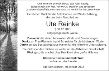 Traueranzeige von Ute Reinke von vrm-trauer Wiesbadener Kurier