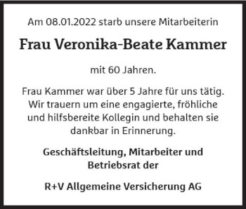Traueranzeige von Veronika-Beate Kammer von vrm-trauer Wiesbadener Kurier