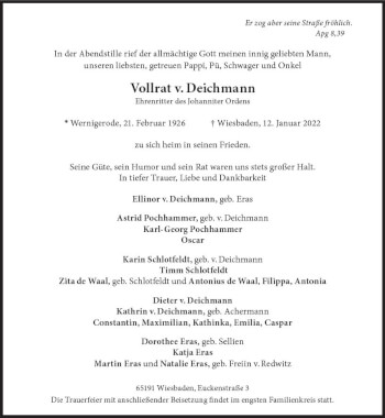 Traueranzeige von Vollrat v. Deichmann von vrm-trauer Wiesbadener Kurier