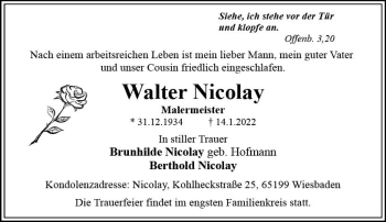 Traueranzeige von Walter Nicolay von vrm-trauer Wiesbadener Kurier