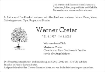 Traueranzeige von Werner Creter von vrm-trauer Darmstädter Echo