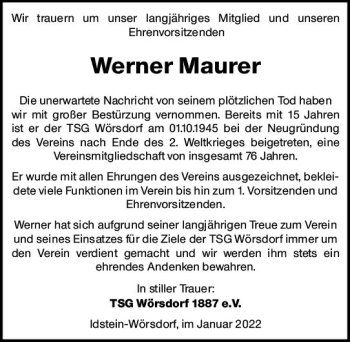 Traueranzeige von Werner Maurer von vrm-trauer Idsteiner Zeitung
