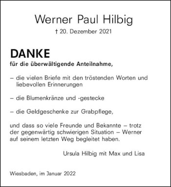 Traueranzeige von Werner Paul Hilbig von vrm-trauer Wiesbadener Kurier