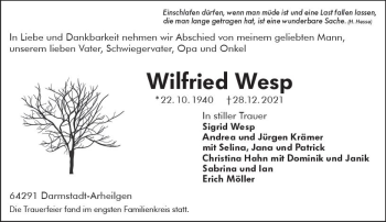 Traueranzeige von Wilfried Wesp von vrm-trauer Darmstädter Echo