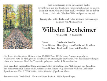 Traueranzeige von Wilhelm Dexheimer von vrm-trauer Allgemeine  Zeitung Ingelheim-Bingen