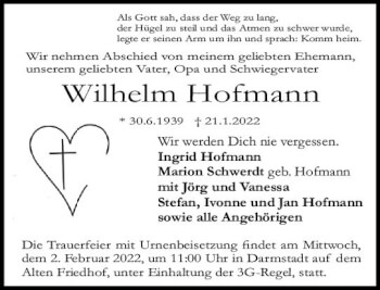 Traueranzeige von Wilhelm Hofmann von vrm-trauer Darmstädter Echo