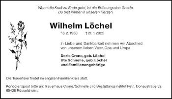 Traueranzeige von Wilhelm Löchel von vrm-trauer Rüsselsheimer Echo / MainSpitze