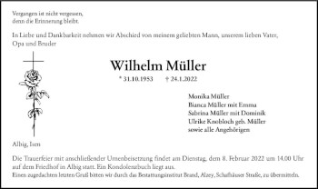 Traueranzeige von Wilhelm Müller von vrm-trauer Allgemeine Zeitung Alzey