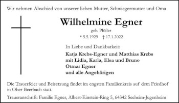 Traueranzeige von Wilhelmine Egner von vrm-trauer Darmstädter Echo