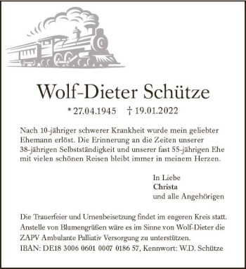 Traueranzeige von Wolf-Dieter Schütze von vrm-trauer Wiesbadener Kurier