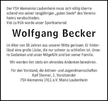 Traueranzeige von Wolfgang Becker von vrm-trauer AZ Mainz