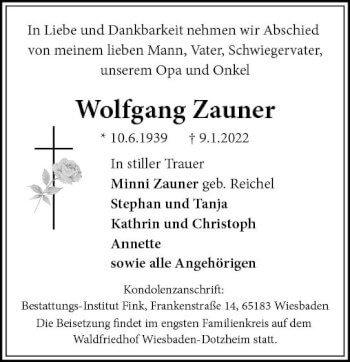 Traueranzeige von Wolfgang Zauner von vrm-trauer AZ Mainz