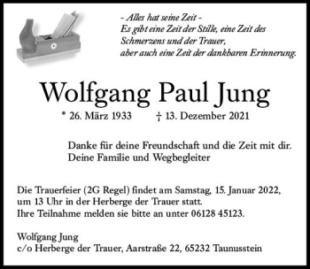 Traueranzeige von Wolfgang Paul Jung von vrm-trauer Wiesbadener Kurier