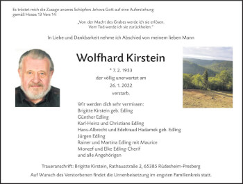 Traueranzeige von Wolfhard Kirstein von vrm-trauer Wiesbadener Kurier
