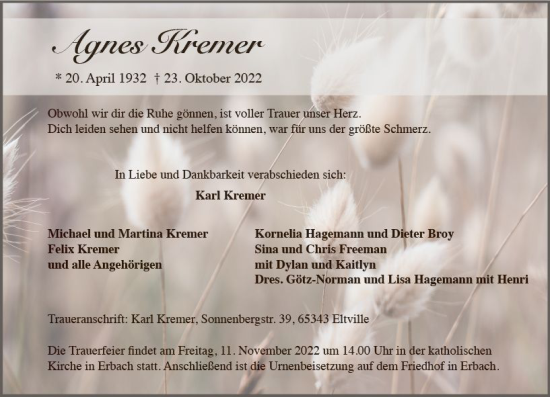 Traueranzeige von Agnes Kremer von vrm-trauer Wiesbadener Kurier
