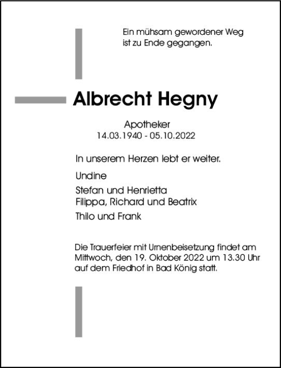 Traueranzeige von Albrecht Hegny von vrm-trauer Odenwälder Echo