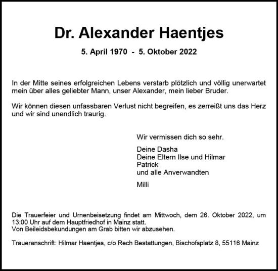 Traueranzeige von Alexander Haentjes von vrm-trauer AZ Mainz