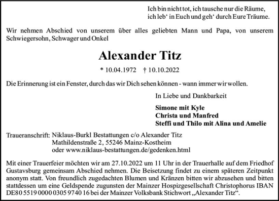 Traueranzeige von Alexander Titz von vrm-trauer Allgemeine Zeitung Alzey