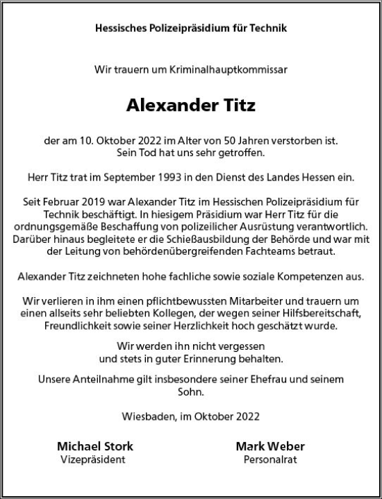 Traueranzeige von Alexander Titz von vrm-trauer Wiesbadener Kurier