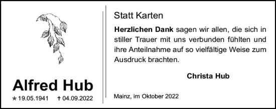 Traueranzeige von Alfred Hub von vrm-trauer AZ Mainz