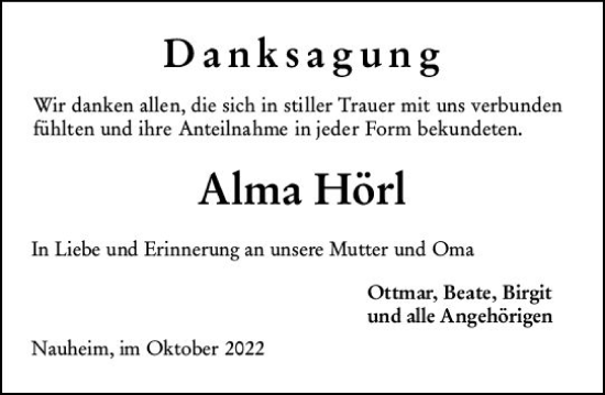 Traueranzeige von Alma Hörl von vrm-trauer Groß-Gerauer Echo