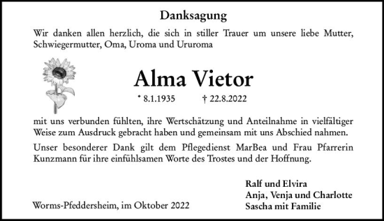 Traueranzeige von Alma Vietor von vrm-trauer Wormser Zeitung