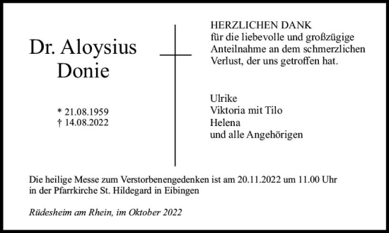 Traueranzeige von Aloysius Donie von vrm-trauer Wiesbadener Kurier