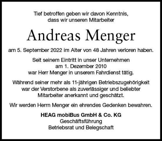 Traueranzeige von Andreas Menger von vrm-trauer Darmstädter Echo