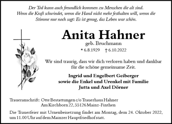 Traueranzeige von Anita Hahner von vrm-trauer AZ Mainz