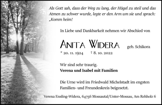 Traueranzeige von Anita Widera von vrm-trauer Odenwälder Echo