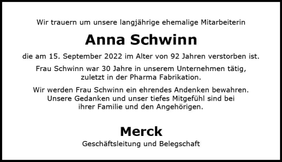 Traueranzeige von Anna Schwinn von vrm-trauer Darmstädter Echo
