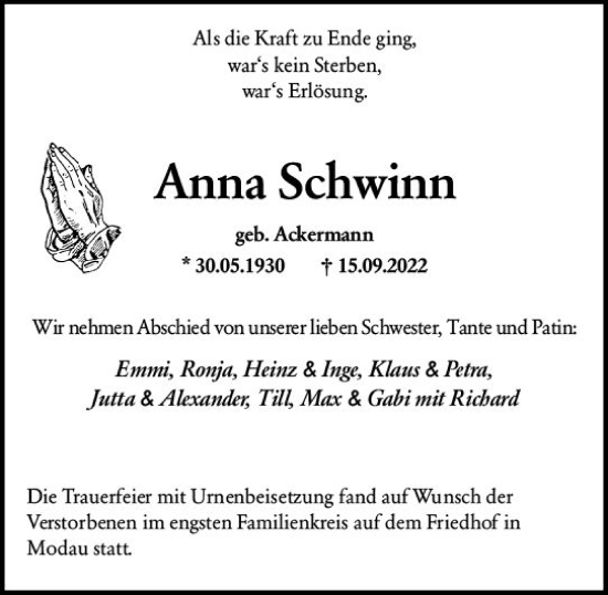 Traueranzeige von Anna Schwinn von vrm-trauer Darmstädter Echo
