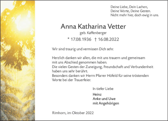 Traueranzeige von Anna Katharina Vetter von vrm-trauer Odenwälder Echo