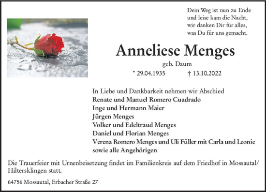Traueranzeige von Anneliese Menges von vrm-trauer Odenwälder Echo