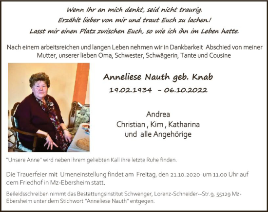 Traueranzeige von Anneliese Nauth von vrm-trauer AZ Mainz