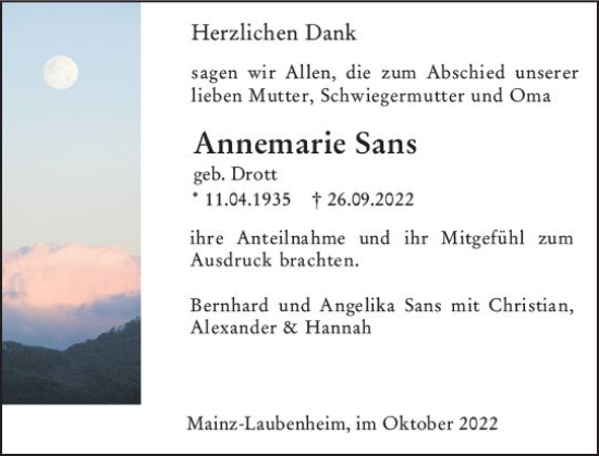 Traueranzeige von Annemarie Sans von vrm-trauer AZ Mainz