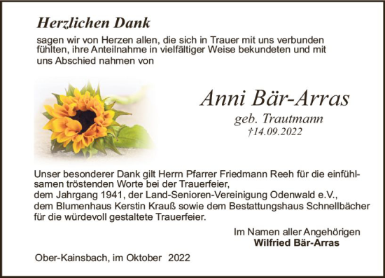 Traueranzeige von Anni Bär-Array von vrm-trauer Odenwälder Echo