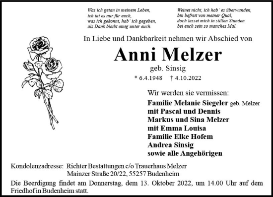 Traueranzeige von Anni Melzer von vrm-trauer AZ Mainz