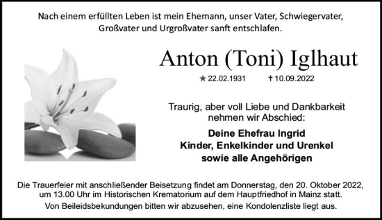 Traueranzeige von Anton Iglhaut von vrm-trauer AZ Mainz
