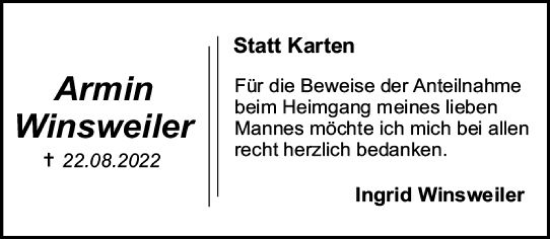 Traueranzeige von Armin Winsweiler von vrm-trauer Allgemeine  Zeitung Ingelheim-Bingen