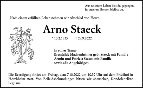 Traueranzeige von Arno Staeck von vrm-trauer Wormser Zeitung